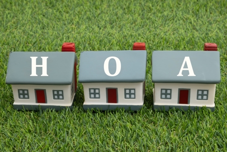 HOA home owners association with three houses on artificial green grass